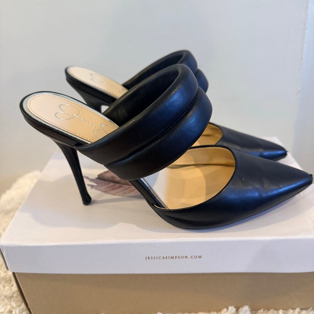 Jessica Simpson Black Pointed Toe Slip-On Heels with Padded Double Strap